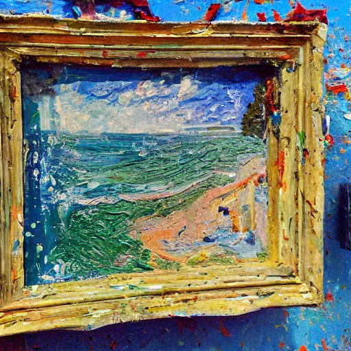 Image similar to oil paint impasto relief, beautiful painting of a sunny italian beach scene, multi layered thick brush marks, some splattered paint, in the style of monet and frank auerbach