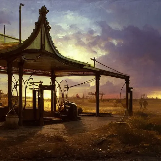 Prompt: painting of artgem artlilery scifi organic shaped gas station with ornate metal work lands on a farm, fossil ornaments, volumetric lights, purple sun, andreas achenbach