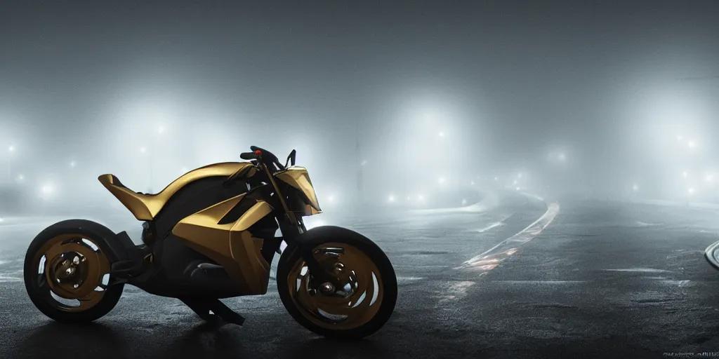 Image similar to parked Tron motorcycle, fog, rain, volumetric lighting, beautiful, golden hour, sharp focus, highly detailed, cgsociety