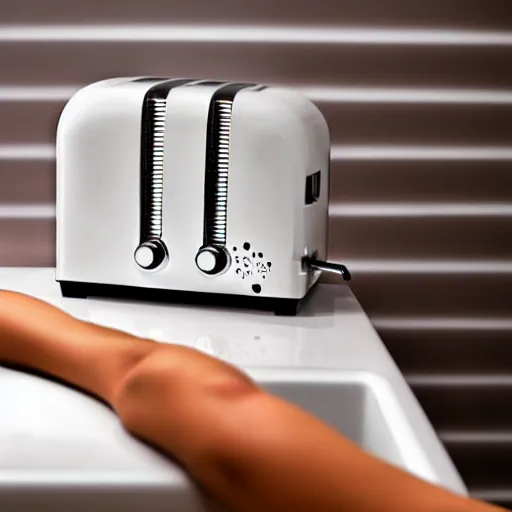 Prompt: toaster on the bathtub, sad, alcohol nearby, picture with message, depression, dark climate