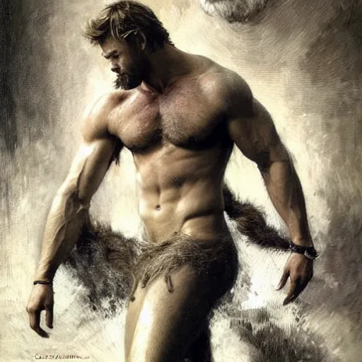 Image similar to Chris Hemsworth with a hairy shredded body type, painting by Gaston Bussiere, Craig Mullins