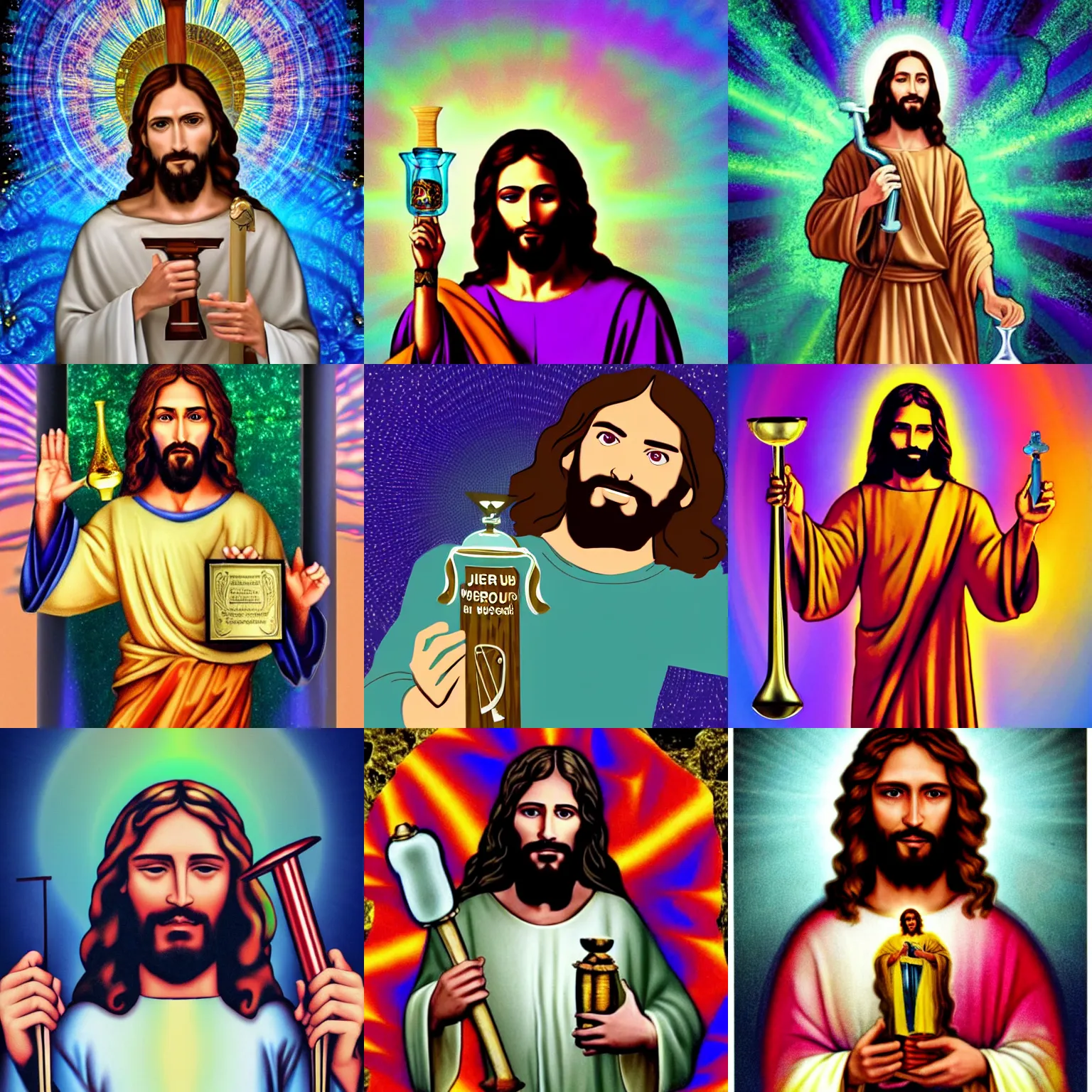 Prompt: jesus holding a ( ( bong ) ), psychedelic, 4 k, jaw dropping, award winning