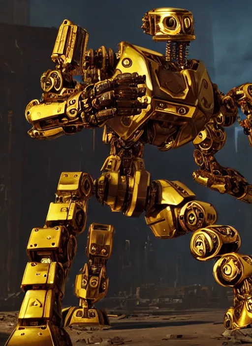 Image similar to a shiny ornate boxing humanoid mecha in ruin city, victory, bright, by war robots, real steel ( 2 0 1 1 ), westworld and eve venture and pacific rim and machine warrior 5, cryengine, frostbite 3 engine, scarlet and yellow scheme, sharp focus, 8 k, high definition, insanely detailed, soft lighting, smooth face