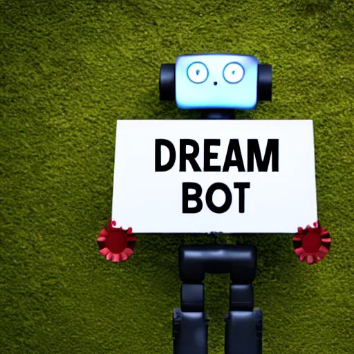 Image similar to photo of artificial intelligence robot holding a sign with text that reads : dream