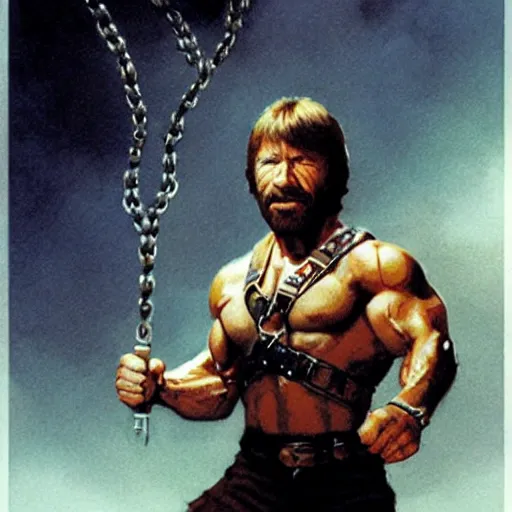 Prompt: cinematic action shot freeze frame portrait of Chuck Norris using nunchaku that are made out of two mini Chuck Norris's connected to each other at their ends by a short metal chain, golden ratio, art by greg rutkowski and frank frazetta and peter mohrbacher and marc silvestri