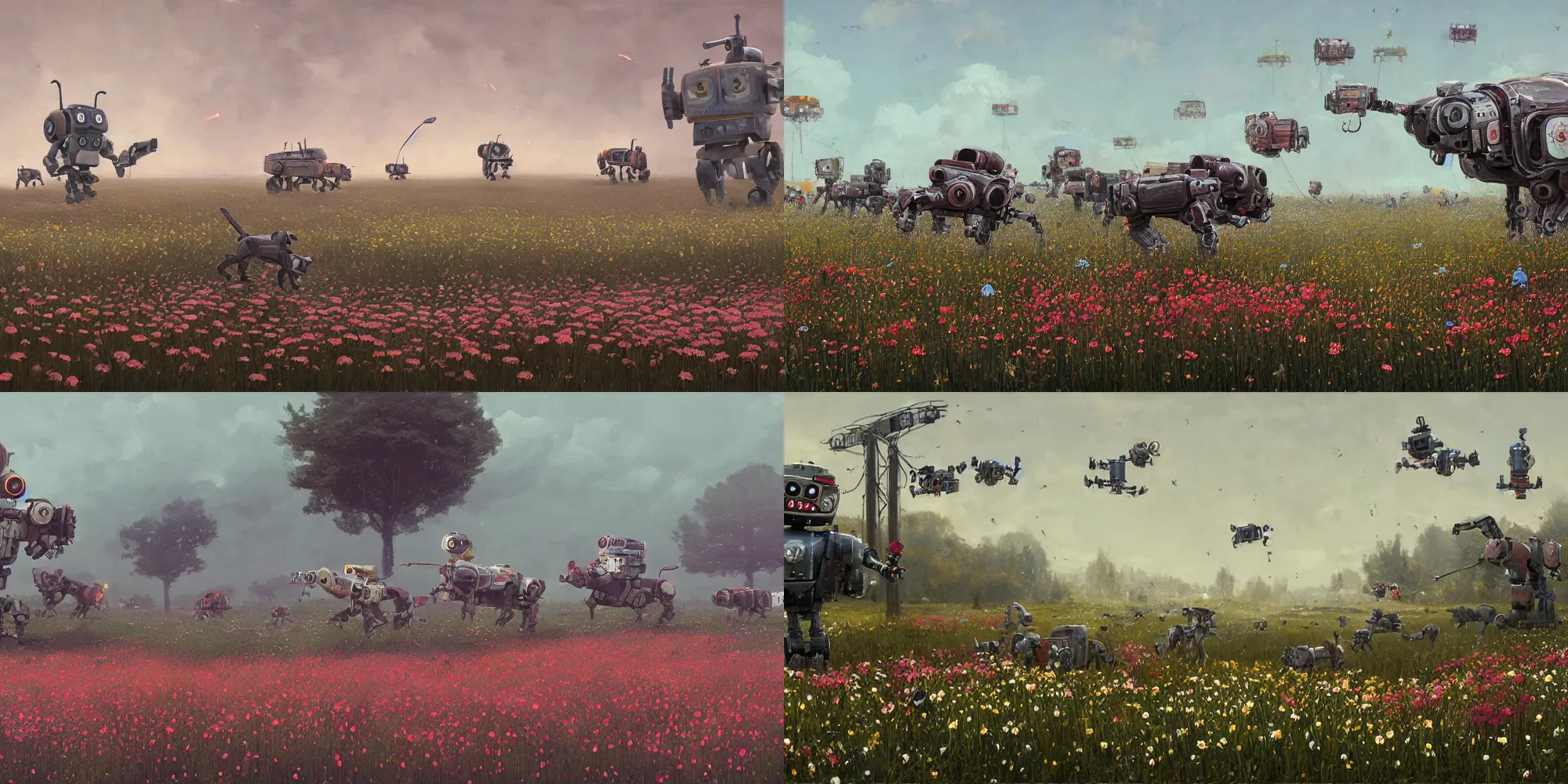 Prompt: a beautiful detailed matte painting of robot dogs playing in a field of flowers Simon Stålenhag, Jakub Różalski