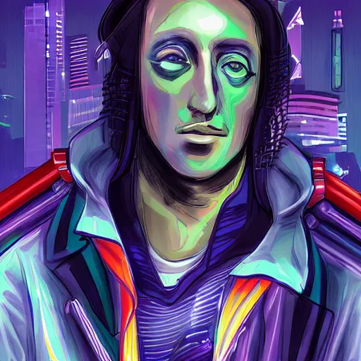 Prompt: Chopin as a cyberpunk character