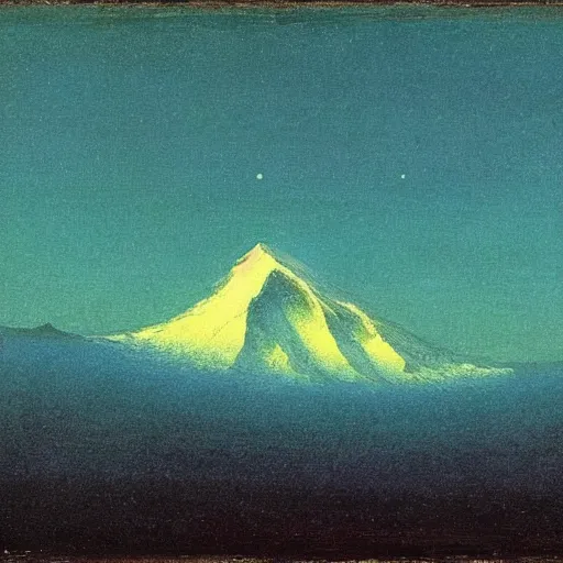 Image similar to mt elbrus, arkhip kuindzhi painting, twilight, teal palette, thus spoke Zarathustra