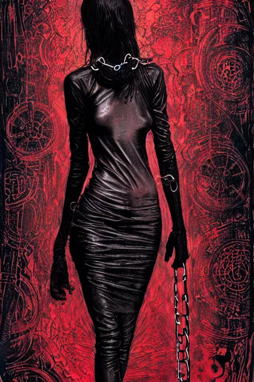 Image similar to dreamy gothic girl, black leather slim clothes, chains, red water, beautiful body, detailed acrylic, grunge, intricate complexity, by dan mumford and by alberto giacometti, peter lindbergh