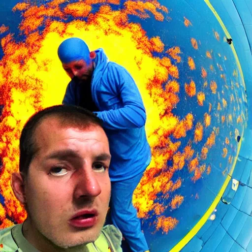 Image similar to a frightened ukrainian dying in blue clothes below and above against the background of a huge yellow nuclear explosion burning him alive, selfie 2 0 2 2