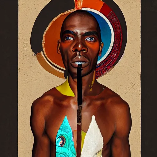 Prompt: a professionally Collage painted african male model , clothed in ancient street wear, dark skin, red gold hair, big scar on face, beautiful bone structure, symmetrical features, stunningly beautiful, intricate, elegant, digital painting, smooth, sharp focus, illustration, made by, Jacob Lawrence, Sam Gilliam, Edmonia Lewis, Jean-Michel Basquiat, Henry Taylor,