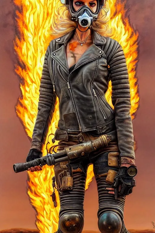 Prompt: ultradetailed beautiful panting of post apocalyptic woman! with motorbike in half - opened leather jacket with helmet in front of burning desert, anatomically correct, pretty face, big breasts!, high detailed face!!!, by aaron jasinski