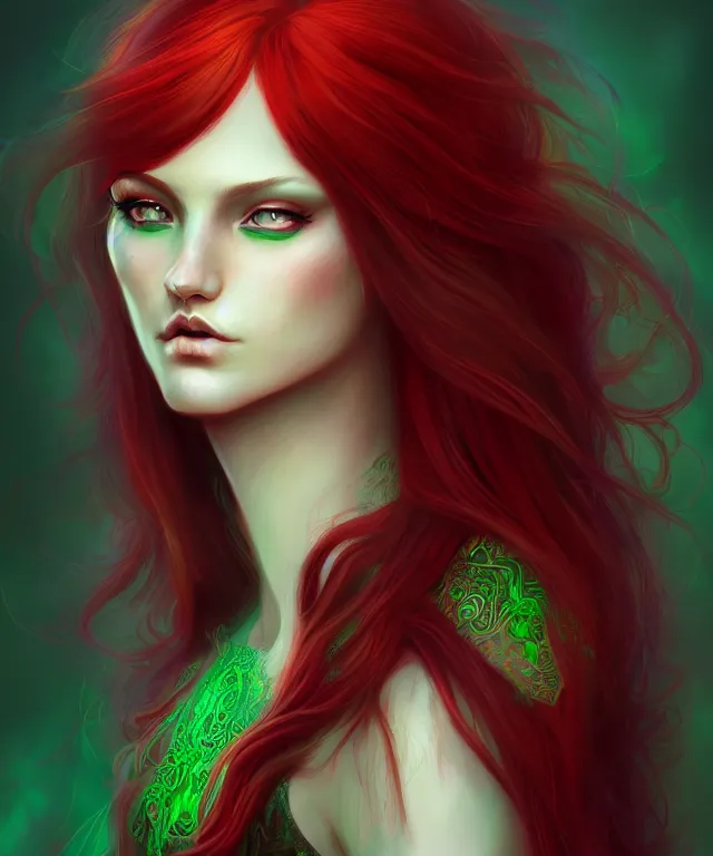 Image similar to Fae teenage girl, portrait, face, long red hair, green highlights, fantasy, intricate, elegant, highly detailed, digital painting, concept art, smooth, sharp focus, illustration