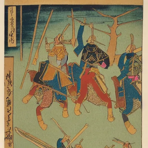 Prompt: late meiji period, colored woodblock print, medieval islamic warriors