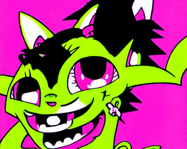 Image similar to high - quality anime catgirl in rat fink style by ed roth, crazy bulging eyes janky teeth riding in a hot rod, road rage, inspired by rat fink hot rods and 8 0 s bishoujo anime, vhs filter