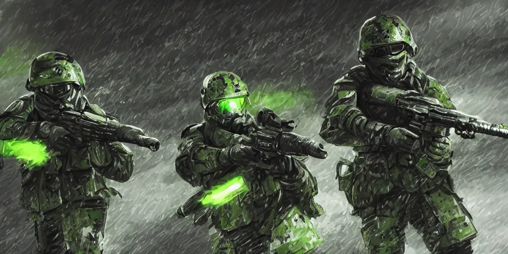 Image similar to A detailed sketch of two guerilla soldiers with green plasma rifles with revolver drums wearing grey armour with dark green stripes and full helmets with dark green visors, night, rain, water drops on the lense, a complicated black spaceship with green lights in the background, realistic 4k octane beautifully detailed render, 4k post-processing, highly detailed, intricate complexity, epic composition, magical atmosphere, cinematic lighting, masterpiece, ultra hd