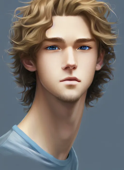 Prompt: young man with medium - length, curly, golden hair, perfectly proportioned face, aquamarine eyes, cry, natural lighting, path traced, highly detailed, high quality, cartoon, digital painting, by new haicheng and studio ghibli