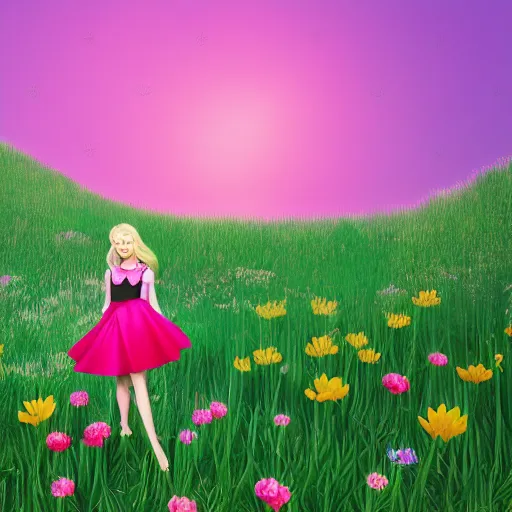 Image similar to A performance art of a young girl with blonde hair, blue eyes, and a pink dress. She is standing in a meadow with flowers and trees. raytracing, lawn green by Sailor Moon gloomy