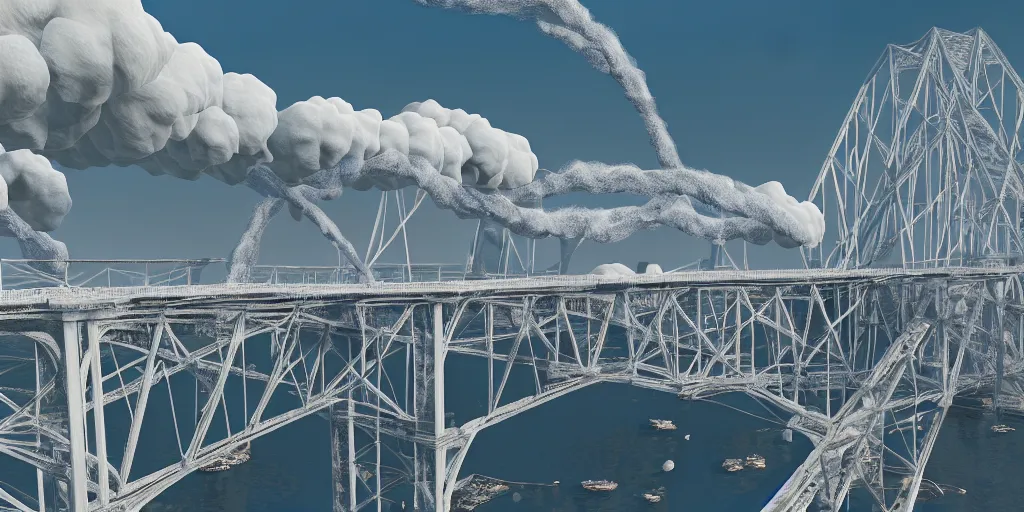 Prompt: explosions in the form of realistic white cotton plants on harbour bridge, huge white cotton everywhere on the destroyed harbour bridge, smooth, sharp focus, highly detailed, 3 d octane render, epic lighting, lots of white cotton, 8 k, by beeple