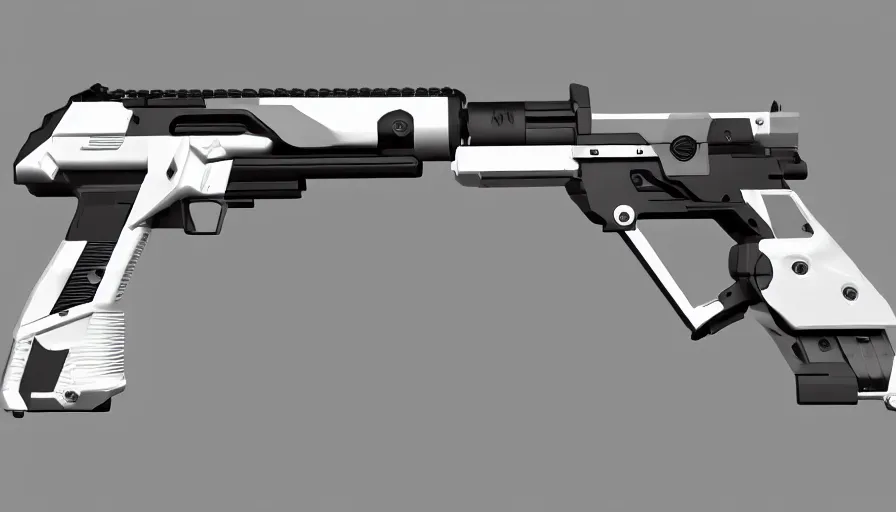 Image similar to extremely detailed ultra realistic side view of a sci fi hyper minimalist magnum pistol coilgun, detailed trigger, chemically propelled, battery, smooth streamline, battery and wires, railgun, chemrail, gauss, elegant sleek smooth body, white paint, smooth utopian design, ultra high quality, octane, cod, destiny, warframe, terminator