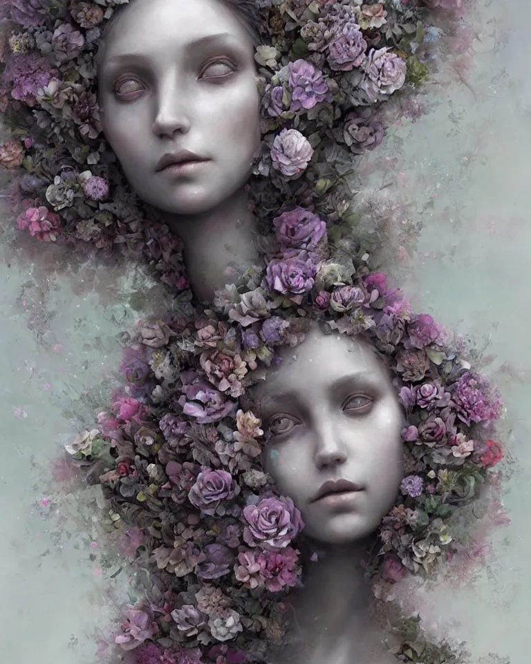 Image similar to portrait of a beautiful ethereal female made of concrete made of flowers made of mist, Andrew Ferez, Charlie Bowater, Marco Mazzoni, Seb McKinnon, Ryohei Hase, trending on cgsociety, featured on zbrush central, new sculpture, mystical