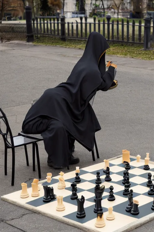 Image similar to Grim reaper and cat playing chess on a park table