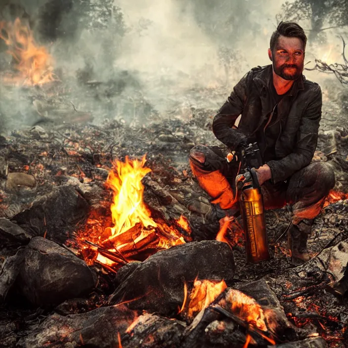 Image similar to gritty apocalyptic man smirking holding gas can next to a campfire, octane render, 4 k ultra hd, hyper - detailed, seedy lighting, sharp focus, fantasy dark art