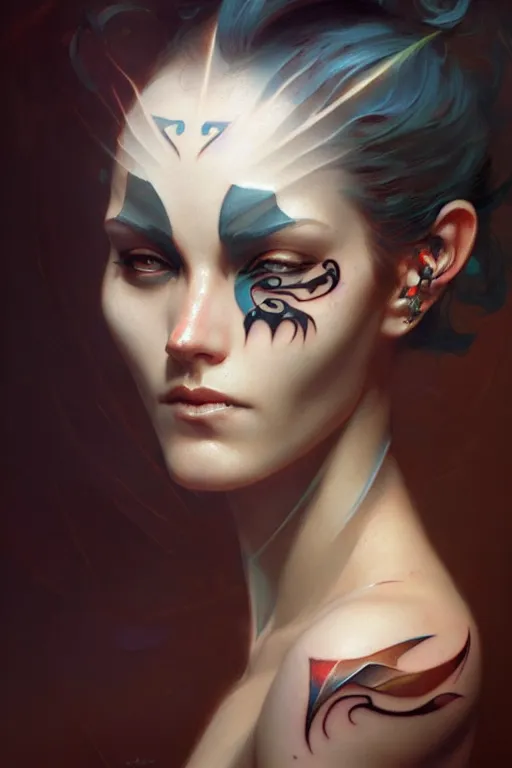 Prompt: facial tattoo design by peter mohrbacher and craig mullins