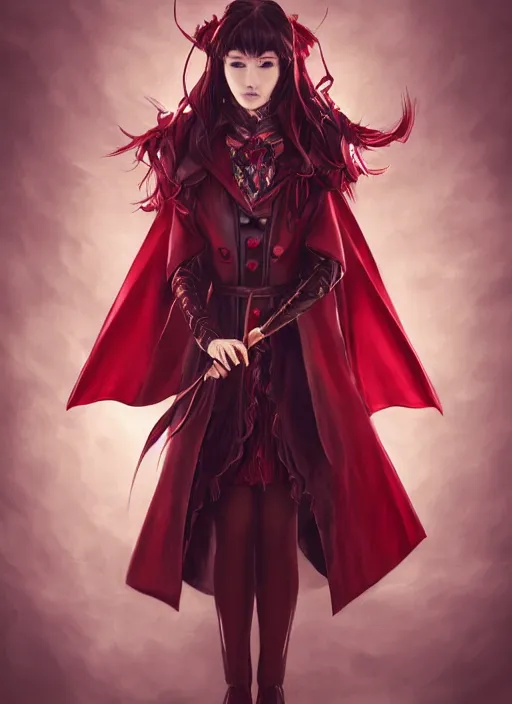 Prompt: a highly detailed illustration of beautiful long dark red haired japanese woman wearing wine red epaulette uniform and coat cape, dramatic floating strings pose, intricate, elegant, highly detailed, centered, digital painting, artstation, concept art, smooth, sharp focus, league of legends concept art, wlop