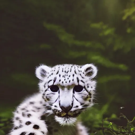 Image similar to very very very very very cute chibi baby snow leopard, portrait, pixar style, forest background, cinematic lighting, award winning creature portrait photography