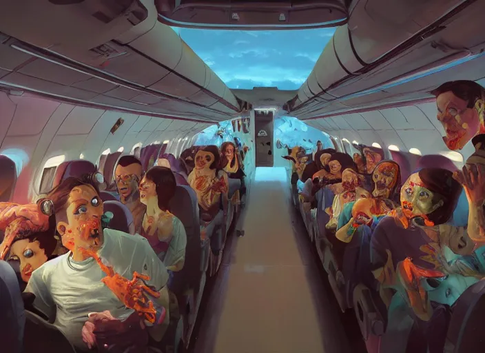 Image similar to boeing 737 cabin, a lot of zombies, birthday party, realistic, wide angle, Unreal 5 engine, trending on artstation, by Huang Guangjian and Gil Elvgren and Sachin Teng