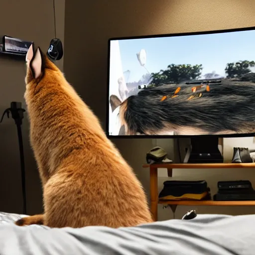 Image similar to view from behind from bed of a cute fluffy caracal wearing headset watching dual - monitors displaying call of duty and twitch, intricate detail, cinematic composition