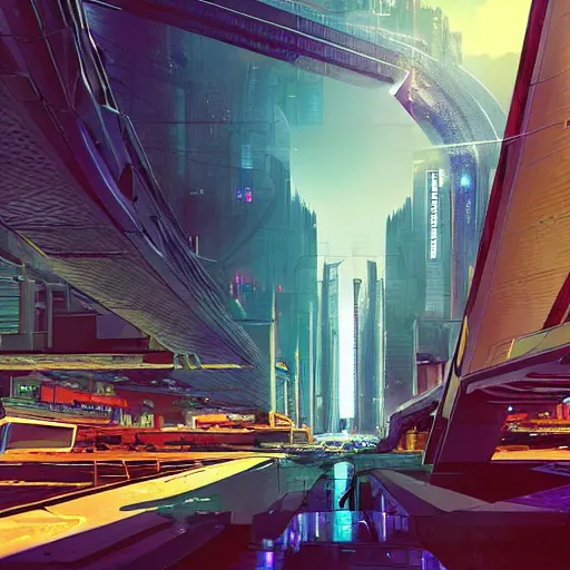 Image similar to busy cyberpunk futuristic cityscape located under a bridgeway, world seen only through a portal, daylight, cinematic perspective, cinematic lighting, blue sky, syd mead, john harris, symmetrical