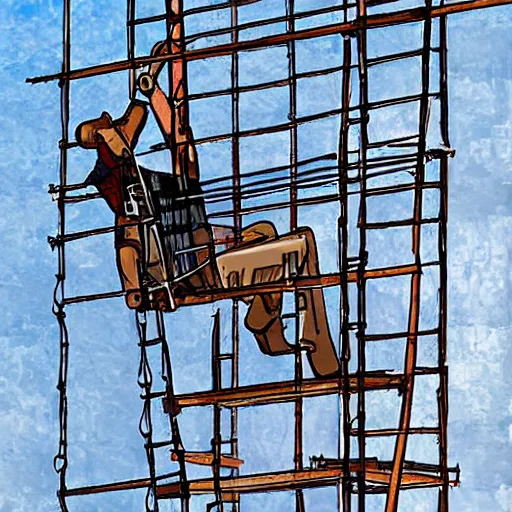 Image similar to man bear rigging a stage on a scaffold, art by dima yastronaut