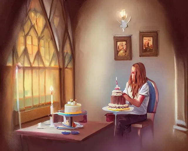 Image similar to Forrest gump eating a cake in hogwarts, digital art, highly detailed, in the style of Mandy Jurgens
