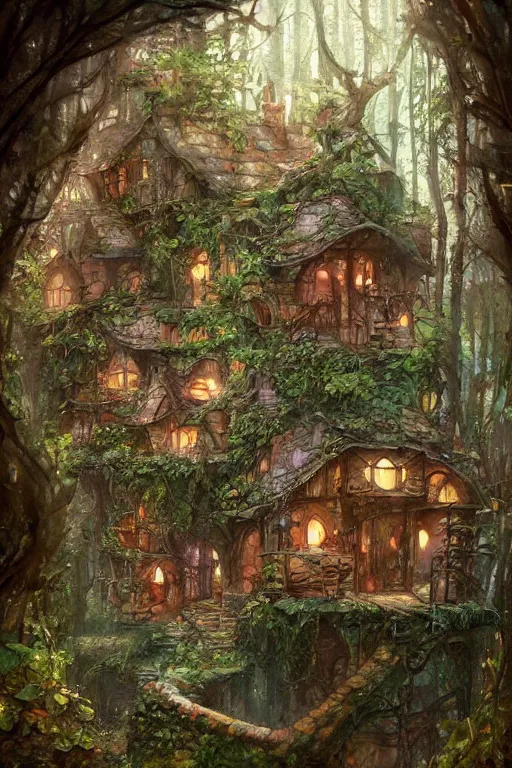 Prompt: a storybook style ramshackle multistory fairytale hut in the forest, by Marc Simonetti, intricate, elegant, fantasy, highly detailed, digital painting, concept art, sharp focus, artstation