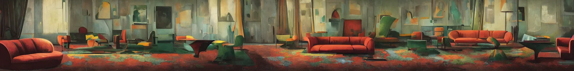 Prompt: several sofa designs, art deco, vivid colors, modigliani style, Les Edwards, Zdzislaw Beksinski, Carl Gustav Carus, John Harris, Michal Karcz, Zhang Kechun, Mikko Lagerstedt, Scott Listfield, Steven Outram, Jessica Rossier.