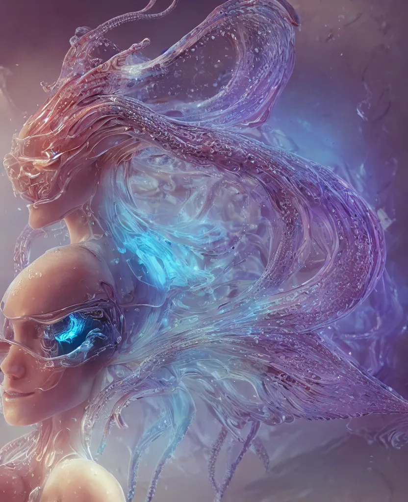 Image similar to close-up macro portrait of the face of a beautiful princess, epic angle and pose, symmetrical artwork, 3d with depth of field, blurred background, cybernetic jellyfish female face skull phoenix bird, translucent, nautilus, energy flows of water and fire. a highly detailed epic cinematic concept art CG render. made in Maya, Blender and Photoshop, octane render, excellent composition, cinematic dystopian brutalist atmosphere, dynamic dramatic cinematic lighting, aesthetic, very inspirational, arthouse. y Greg Rutkowski, Ilya Kuvshinov, WLOP, Stanley Artgerm Lau, Ruan Jia and Fenghua Zhong