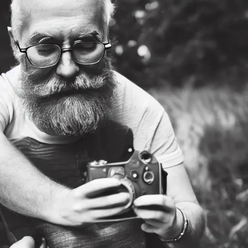 Prompt: cute cartoon character, beard grandpa taking a photo to a baby girl, old camera