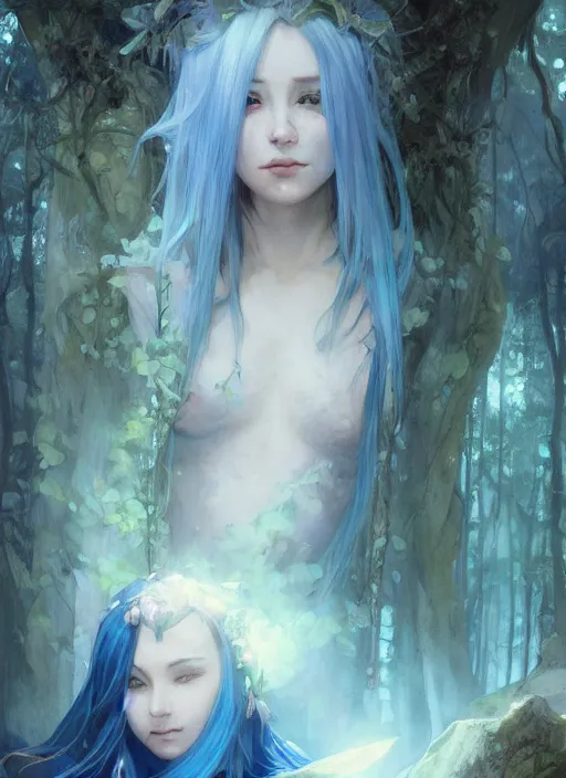 Image similar to stunningly beautiful female blue hair, femma stone face, antasy art, fae priestess, lush forest landscape, dark light night, sharp focus, digital painting, 8 k, concept art, art by wlop, artgerm, greg rutkowski and alphonse mucha