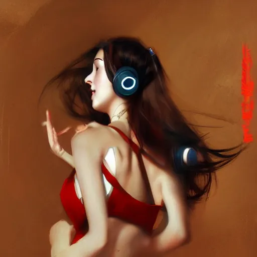 Prompt: a realism illustration of a beautiful woman with headphones dancing by bayard wu