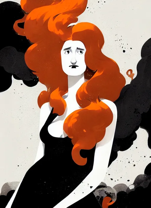 Image similar to highly detailed closeup portrait of beautiful grace gummer as dom dipierro, wavy ginger hair, black dress, by atey ghailan, by greg rutkowski, by greg tocchini, by james gilleard, by joe fenton, by kaethe butcher, gradient orange, black and white color scheme, grunge aesthetic!!! ( ( graffiti tag wall background ) )