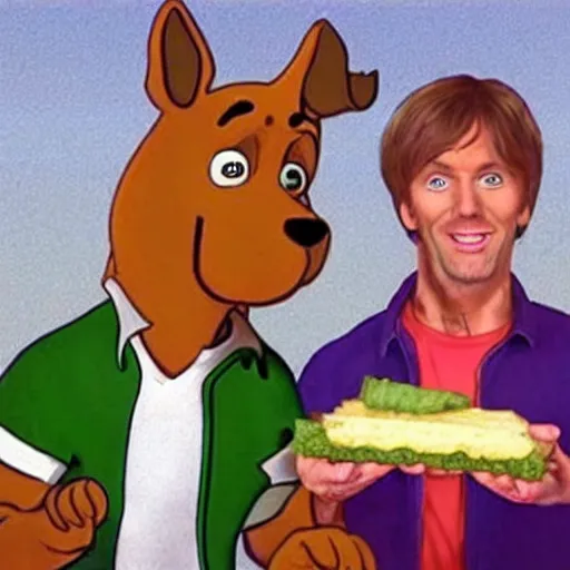 Image similar to realistic photo of scooby doo and shaggy with 2 foot high sandwiches