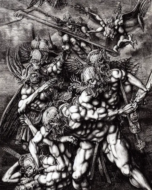 Image similar to devil fighting angels, epic composition, fine details, extremely detailed, black and white, very sharp, in the style of albrecht durer