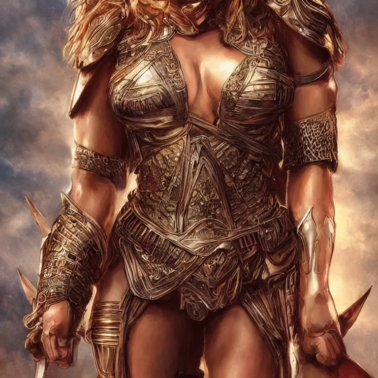 Image similar to scarlett johannson as an amazon warrior, a tall beautiful woman with brown skin and long hair, dressed in hellenistic body armor, intricate, elegant, highly detailed, smooth, sharp focus, detailed face, art by ardian syaf