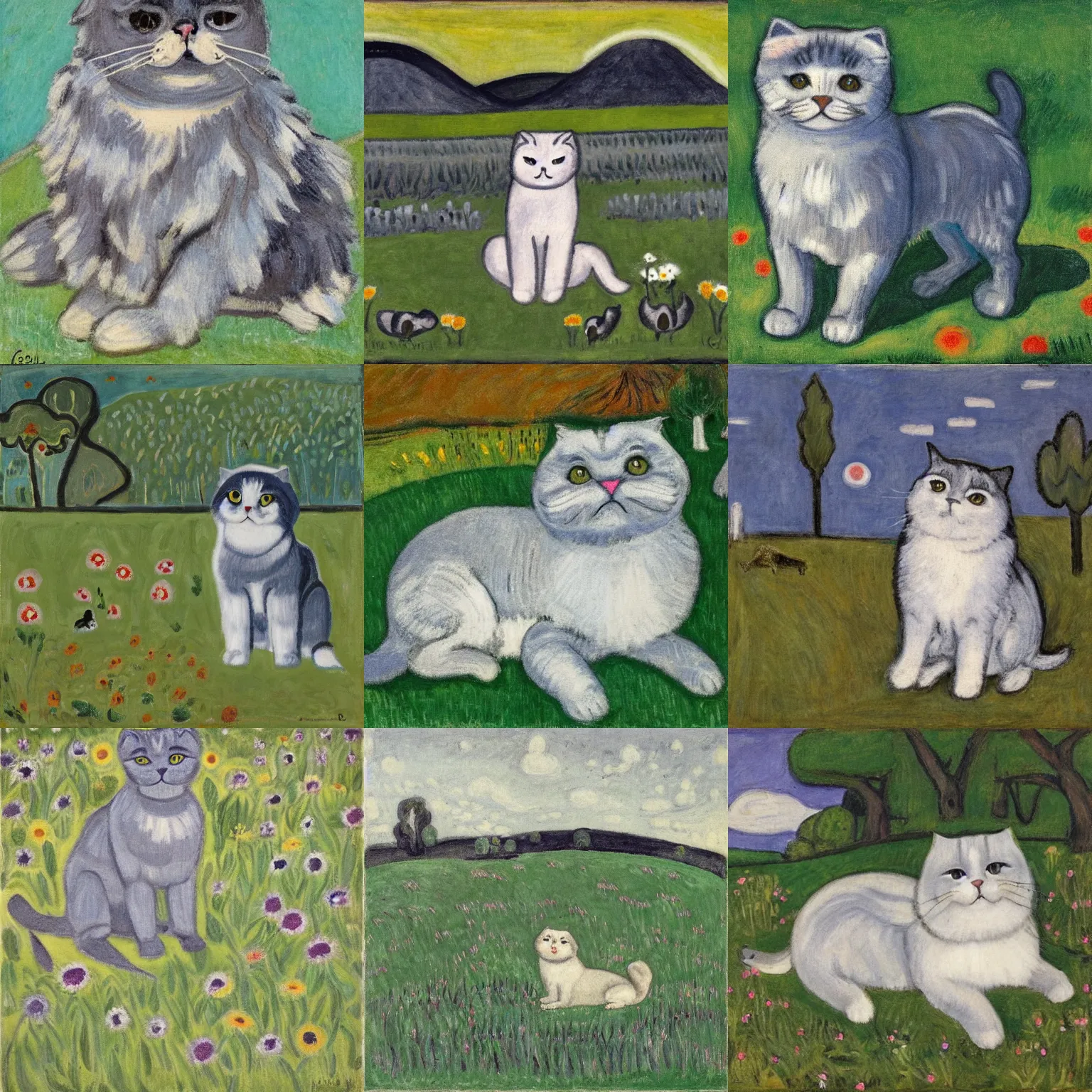 Prompt: a gray scottish fold sitting in the middle of sunny meadow, by gabriele munter