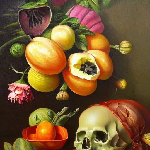 Image similar to still life, flowers, vegetables, fruits and skulls, oil painting, highly detailed