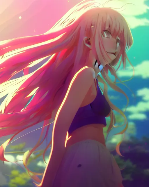 Prompt: anime style, vivid, expressive, full body, 4 k, a cute girl with white skin and long wavy hair humming a song, stunning, realistic light and shadow effects, centered, simple background, studio ghibly makoto shinkai yuji yamaguchi