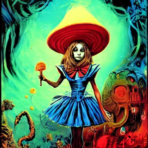 Image similar to alice in wonderland, by basil gogos and phillipe druillet and paul lehr, trending on artstation hq, deviantart, pinterest, 4 k uhd image