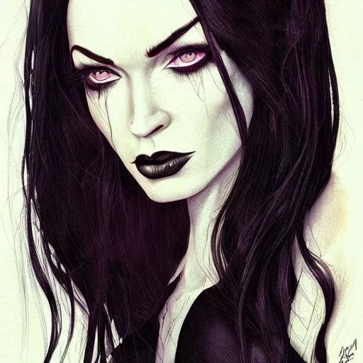 Image similar to portrait of megan fox as morticia addams as death of the endless, the sandman, made by carvaggio stanley artgerm lau wlop rossdraws artstation cgsociety concept _ art cgsociety octane render